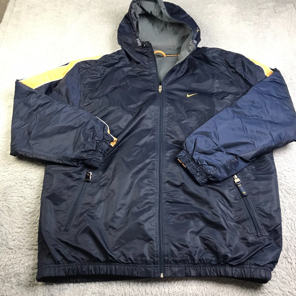 Y2K Vtg Nike Jacket Mens XL Navy/Yellow Striped Fleece Lined Hooded WIndbreaker